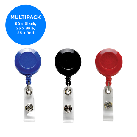 Mini Badge Reel with Strap Clip - Red, Black & Blue - 100 Reel Multipack